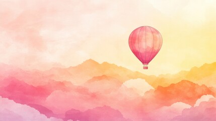 Obraz premium Minimalist hot air balloon floating in pastel gradient sky with dreamy pink clouds background with place for text