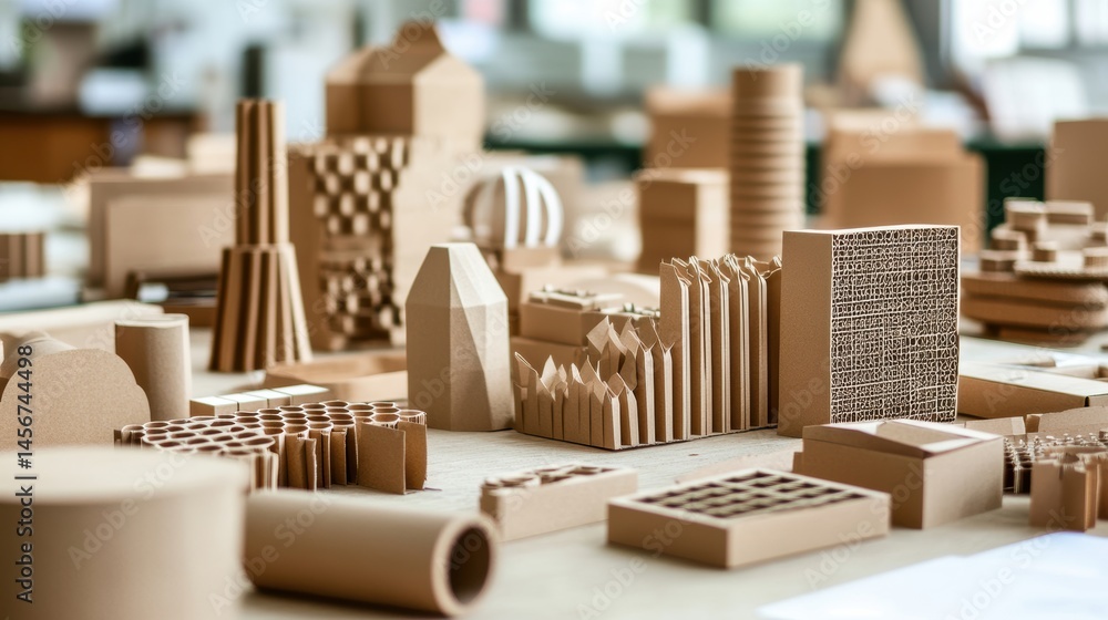 Poster close-up showcasing architectural models made of cardboard on a table in a design studio environment