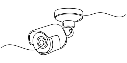 Continuous one line drawing of CCTV video camera surveillance system for monitoring security. Editable vector, One line drawing of CCTV security camera mounted on wall. Minimalist continuous line art.