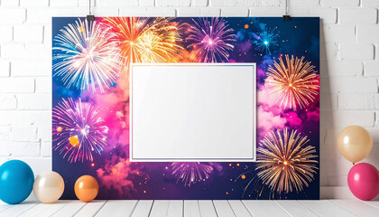 a lively scene with a colorful, festive banner that includes fireworks, celebratory balloons, and stars against a dark background