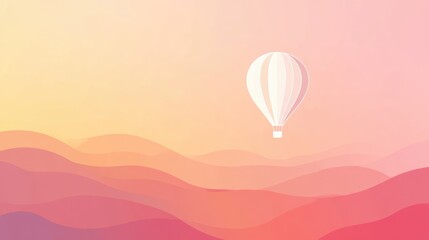 Obraz premium Minimalist hot air balloon floating in pastel gradient sky with dreamy pink clouds background with place for text