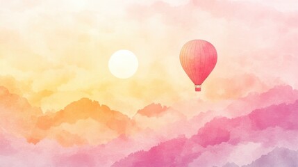 Obraz premium Minimalist hot air balloon floating in pastel gradient sky with dreamy pink clouds background with place for text