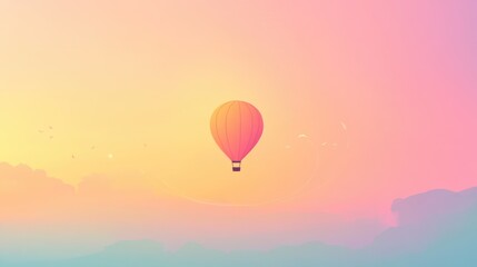 Obraz premium Minimalist hot air balloon floating in pastel gradient sky with dreamy pink clouds background with place for text