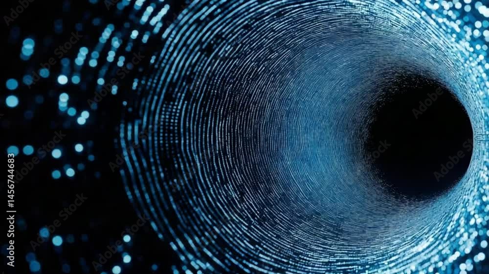 Poster a swirling blue particle tunnel spins into darkness creating ripples of luminous data. concept of fu