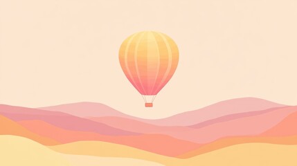 Obraz premium Minimalist hot air balloon floating in pastel gradient sky with dreamy pink clouds background with place for text