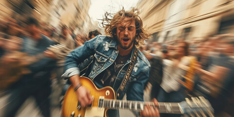 Energetic street musician performing on city street on sunny summer day. Performer playing a guitar. People gathering in the background.
