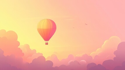 Obraz premium Minimalist hot air balloon floating in pastel gradient sky with dreamy pink clouds background with place for text