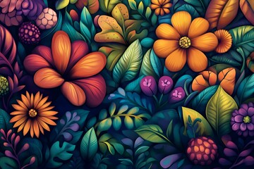 Fototapeta premium Floral arrangement featuring a variety of colorful flowers and lush green leaves, creating a vibrant and lively botanical scene. Ideal for backgrounds and decorative designs.