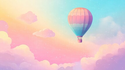 Obraz premium Dreamy pastel hot air balloon floating in magical cotton candy sky background with place for text