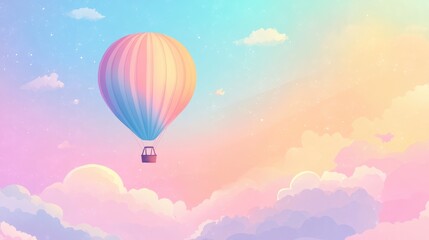 Fototapeta premium Dreamy pastel hot air balloon floating in magical cotton candy sky background with place for text