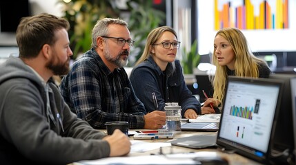 A team of four diverse professionals collaborates on a project using laptops and data analysis charts in a modern office setting.
