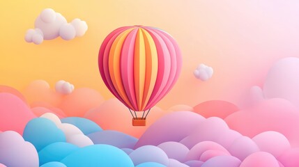 Dreamy pastel hot air balloon floating in magical cotton candy sky background with place for text