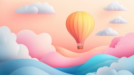 Dreamy pastel hot air balloon floating in magical cotton candy sky background with place for text