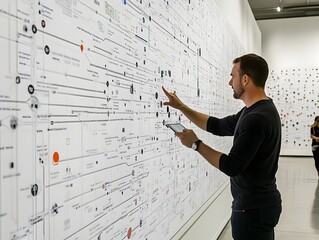 A man uses a tablet to interact with a large detailed infographic wall display in a modern art gallery setting.