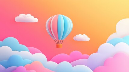 Naklejka premium Dreamy pastel hot air balloon floating in magical cotton candy sky background with place for text