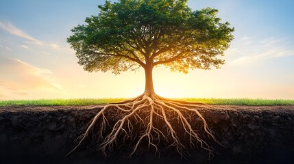 A majestic tree stands tall against a vibrant sunrise showcasing its extensive root system deeply embedded in rich soil.