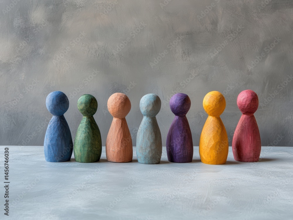 Poster diverse wooden figures standing in a row on gray background studio shot representing unity and inclu