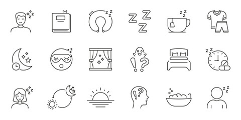 Sleep And Relaxation Line Icon Set. Restful Sleep, Nighttime Routine, And Relaxation Symbols Collection. Includes Sleep Mask, Bed, Moon. Editable Stroke. Isolated Vector Illustration