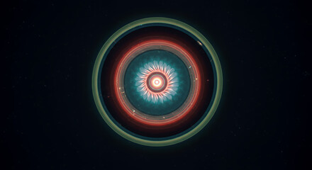 Abstract Medical Illustration of Anterior Chamber of Eye: Teal Red Orange Concentric Rings in Dark Space
