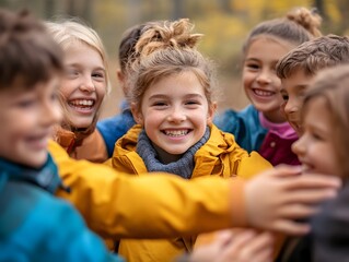 Fototapeta premium Happy children embrace in a heartwarming group hug outdoors du autumn surrounded by colorful foliage and smiling faces.
