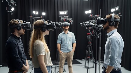 A group of young adults wea VR headsets participate in a virtual reality filming session in a professional studio setting.