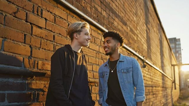 A caucasian and black friend face one another along a sunlit brick alley in quiet conversation. concept of urban friendship and honest peer support.
