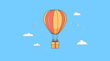 Obraz premium Cute cartoon hot air balloon carrying gift box with hearts and stars in blue sky background
