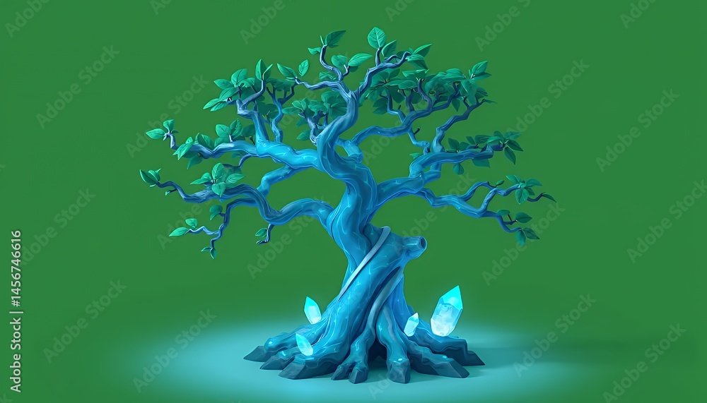 Poster luminescent blue isometric tree with glowing crystals isolated on green screen for visual effects an