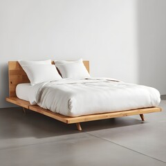 Minimalist wooden bed with white bedding in modern bedroom interior
