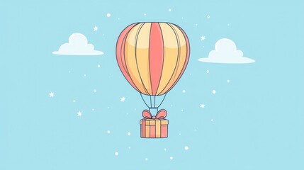 Fototapeta premium Cute cartoon hot air balloon carrying gift box with hearts and stars in blue sky background