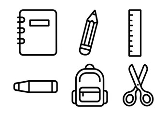Black and white school supplies icons: notebook, pencil, ruler, marker, backpack, scissors