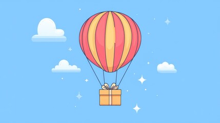 Fototapeta premium Cute cartoon hot air balloon carrying gift box with hearts and stars in blue sky background