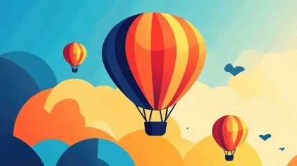 Fototapeta premium Colorful hot air balloons with coral geometric shapes and clouds background