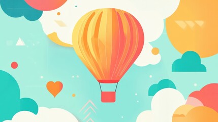 Naklejka premium Colorful hot air balloons with coral geometric shapes and clouds background