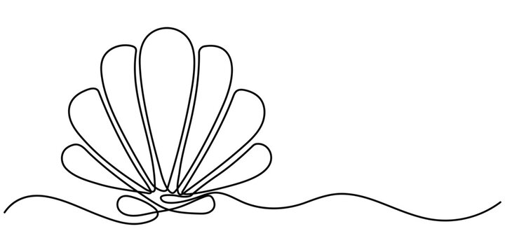 One continuous single-line drawing of a seashell. One-line art of beauty product pearl minimalist, Pearl in a seashell one line art drawing, Continuous abstract one line drawing of sea shell icon. 