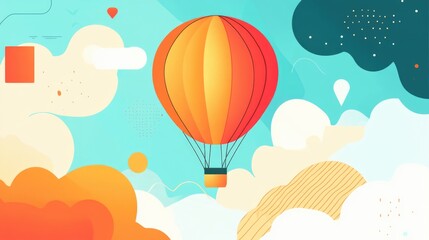 Colorful hot air balloons with coral geometric shapes and clouds background