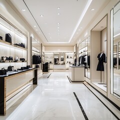 Modern Fashion Boutique with High-End Displays, Sleek Mirrors, and Elegant Lighting – Stylish Retail Interior Design Perfect for Fashion, Luxury Shopping, and Boutique Concepts