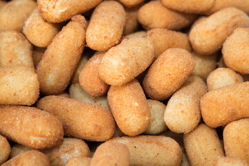 Homemade croquettes of spanish iberian ham. Typical spanish food. january 16th world croquette day.