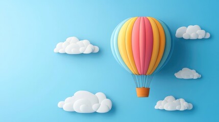 Fototapeta premium Colorful minimalistic hot air balloon art drawing in bright blue sky with fluffy white clouds background