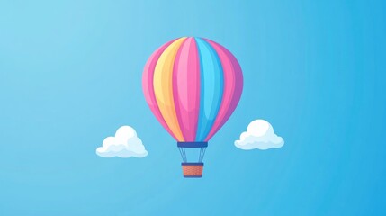 Obraz premium Colorful minimalistic hot air balloon art drawing in bright blue sky with fluffy white clouds background