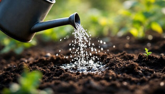 A close-up shot of watering of fertile soil using a watering can to nurture seedling