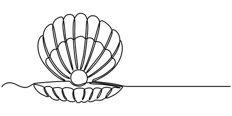 One continuous single-line drawing of a seashell. One-line art of beauty product pearl minimalist, Pearl in a seashell one line art drawing, Continuous abstract one line drawing of sea shell icon. 