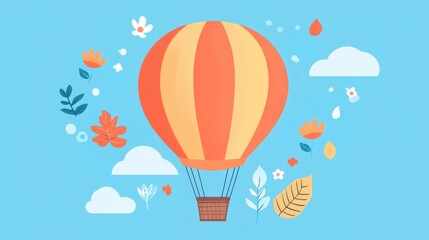 Fototapeta premium Whimsical hot air balloon in orange tones surrounded by leaves and flowers on pastel background