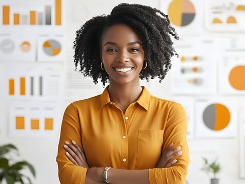 A successful African American businesswoman smiles confidently in her modern office surrounded by financial charts and graphs.