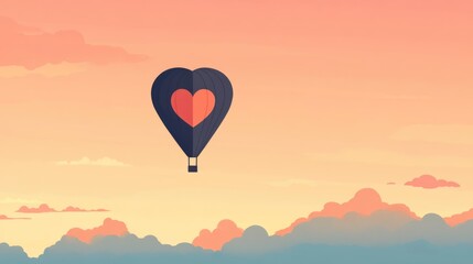 Fototapeta premium Heart-shaped hot air balloon floating above soft clouds in romantic pastel sky background