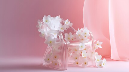 Gentle plastic chair in pastel background filled with delicate internal flowers