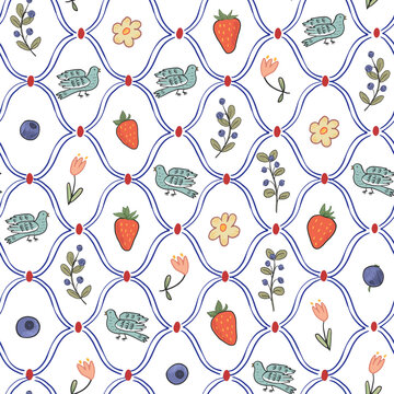 Berries flowers and birds doodle spring seamless pattern, simple ornament