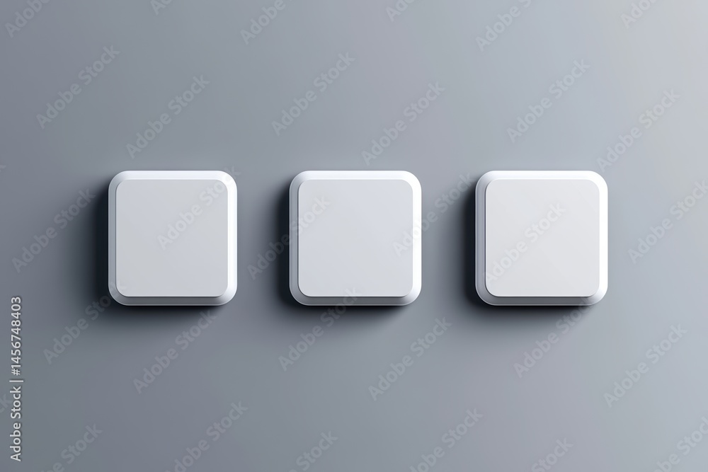 Poster three white square buttons on a gray background with soft shadows and rounded edges for web design