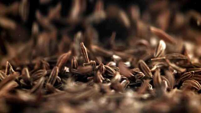 Cumin seeds fall on the table. Filmed on a high-speed camera at 1000 fps. High quality FullHD footage
