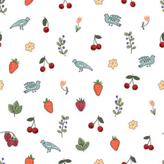 Berries flowers and birds doodle spring seamless pattern, simple ornament